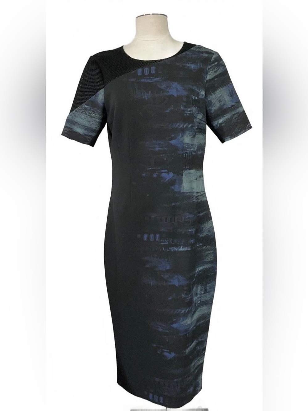 Elie Tahari Black and Navy Printed Midi Sheath Dress 10